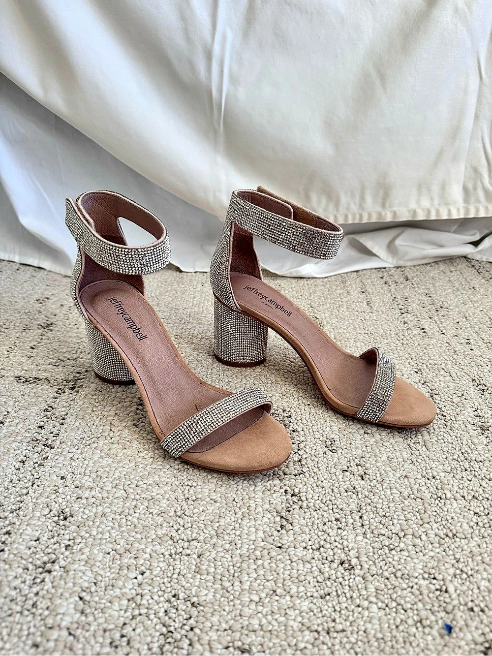 Rhinestone Block Heel Sandals in Silver Sparkles